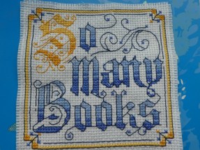 cross-stitched phrase reading so many books