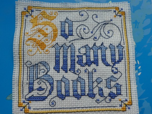 cross-stitched phrase reading so many books