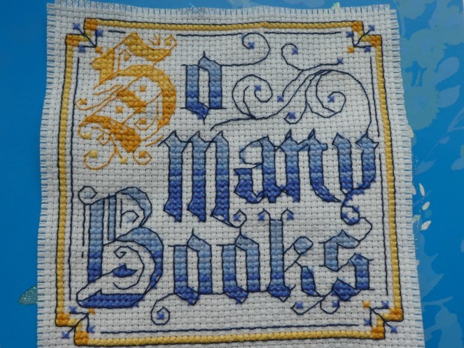cross-stitched phrase reading so many books