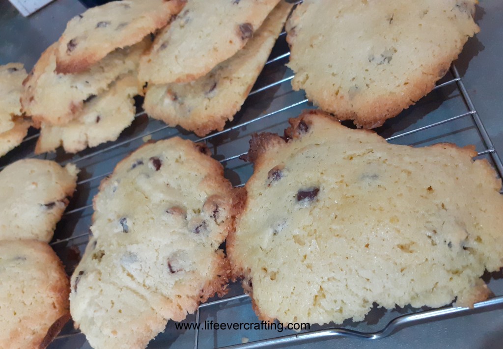 Wire rack covered with chocolate chip cake-biscuits