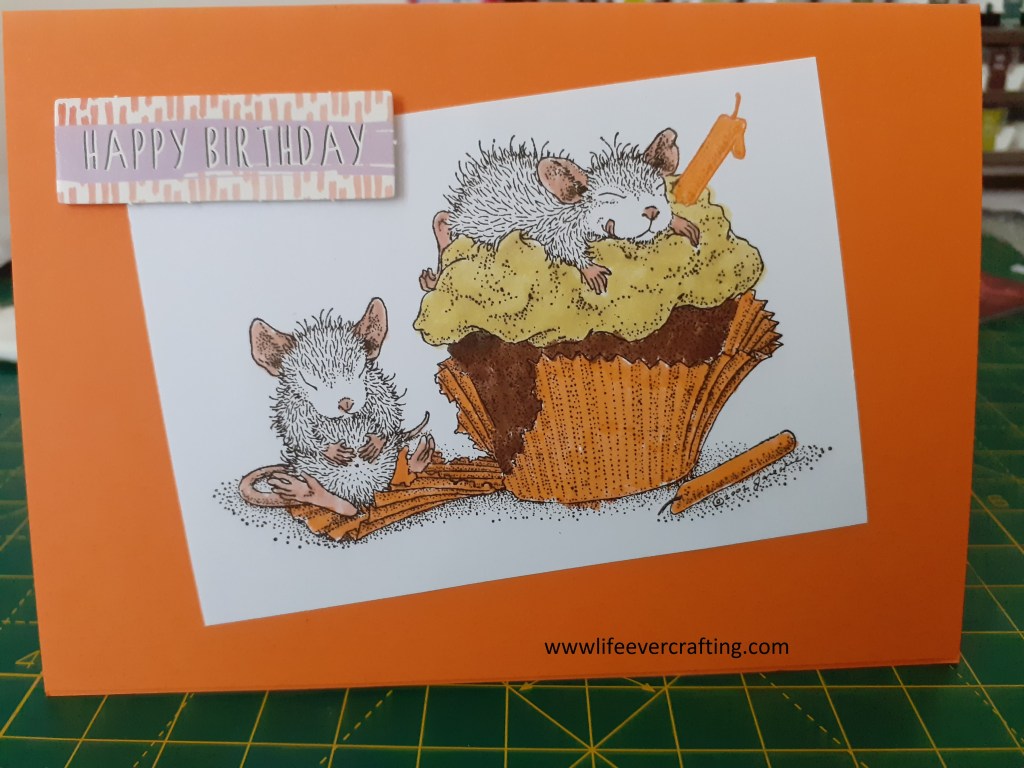 Image shows an orange birthday card with two mice eating a chocolate cupcake. One of the mice is sprawled on top of the icing.