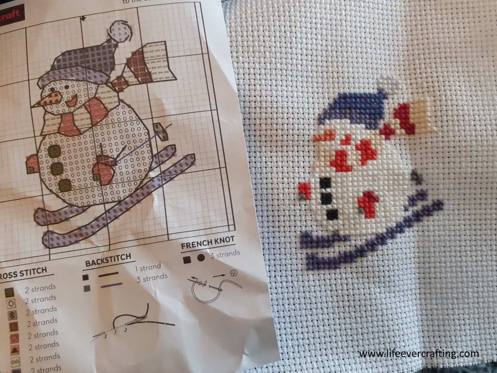 Image shows the snowman cross stitch with the cross stitch pattern