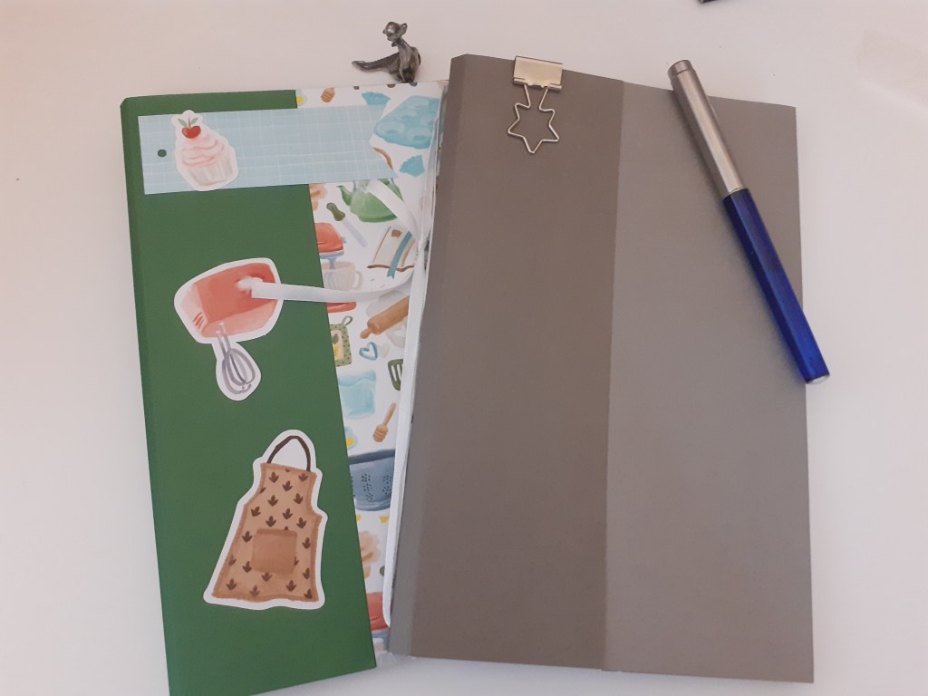 Image shows one notebook in two-tone grey, and one with a green cover decorated with baking images.